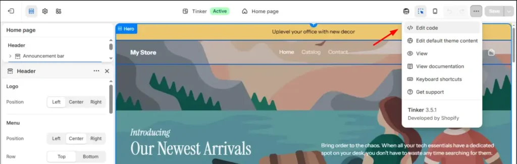 how to access the shopify header code